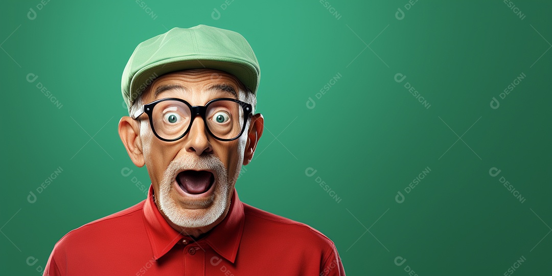 Belo velho com expressão de surpresa sobre fundo verde em hd isolado