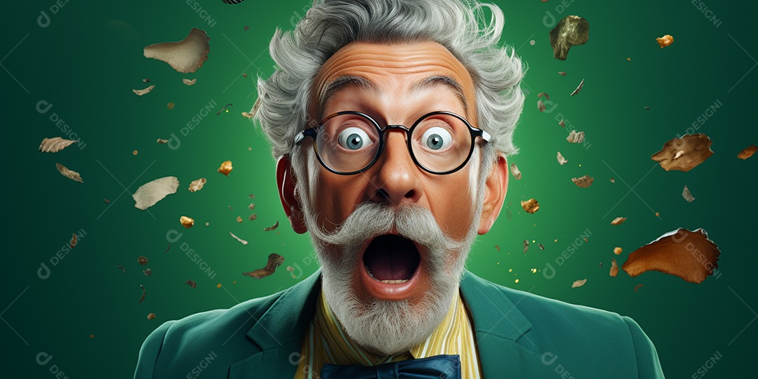 Belo velho com expressão de surpresa sobre fundo verde em hd isolado