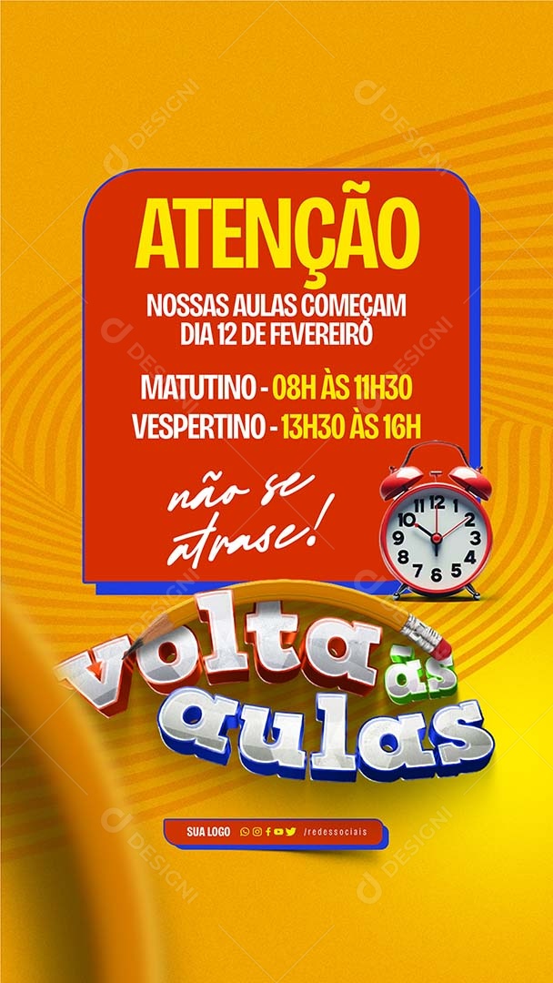 Story Volta às Aulas Atenção Começam Dia 12 de Fevereiro Social Media PSD Editável