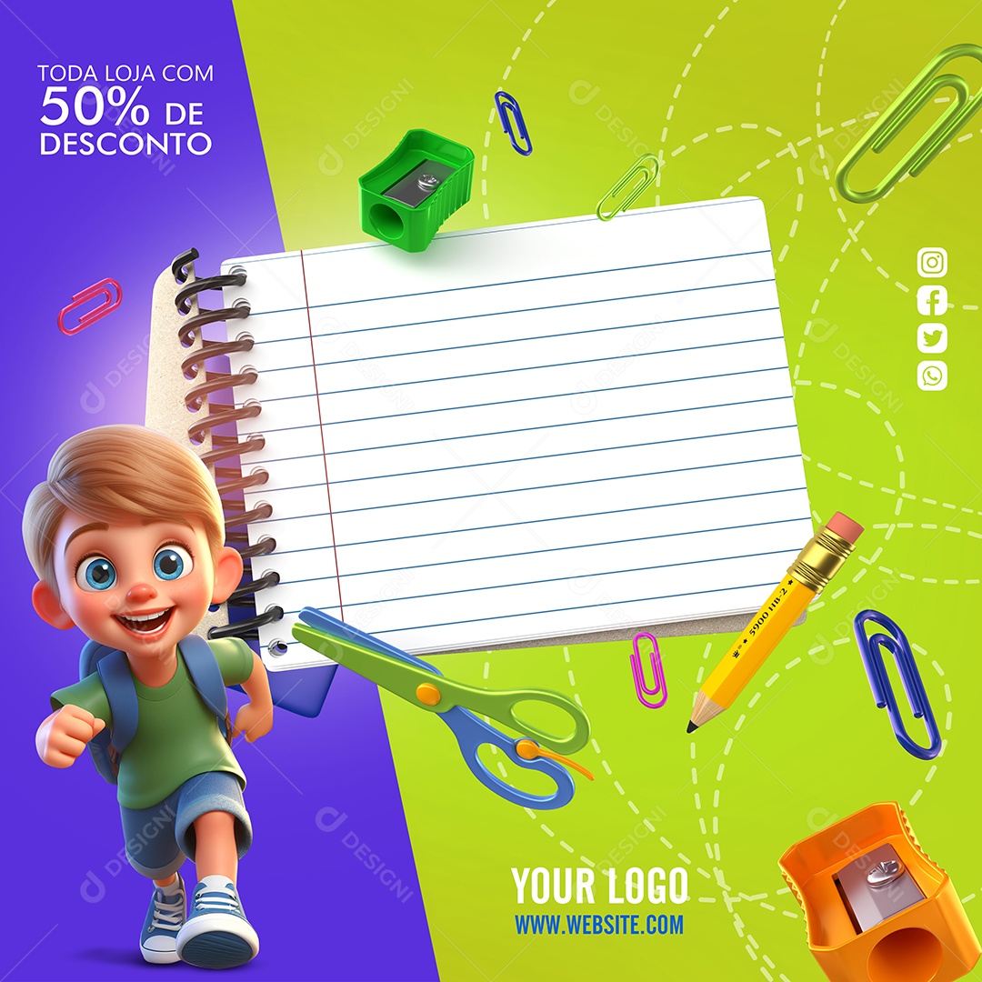 Volta às Aulas Toda Loja com 50% De Desconto Papelaria Social Media PSD Editável