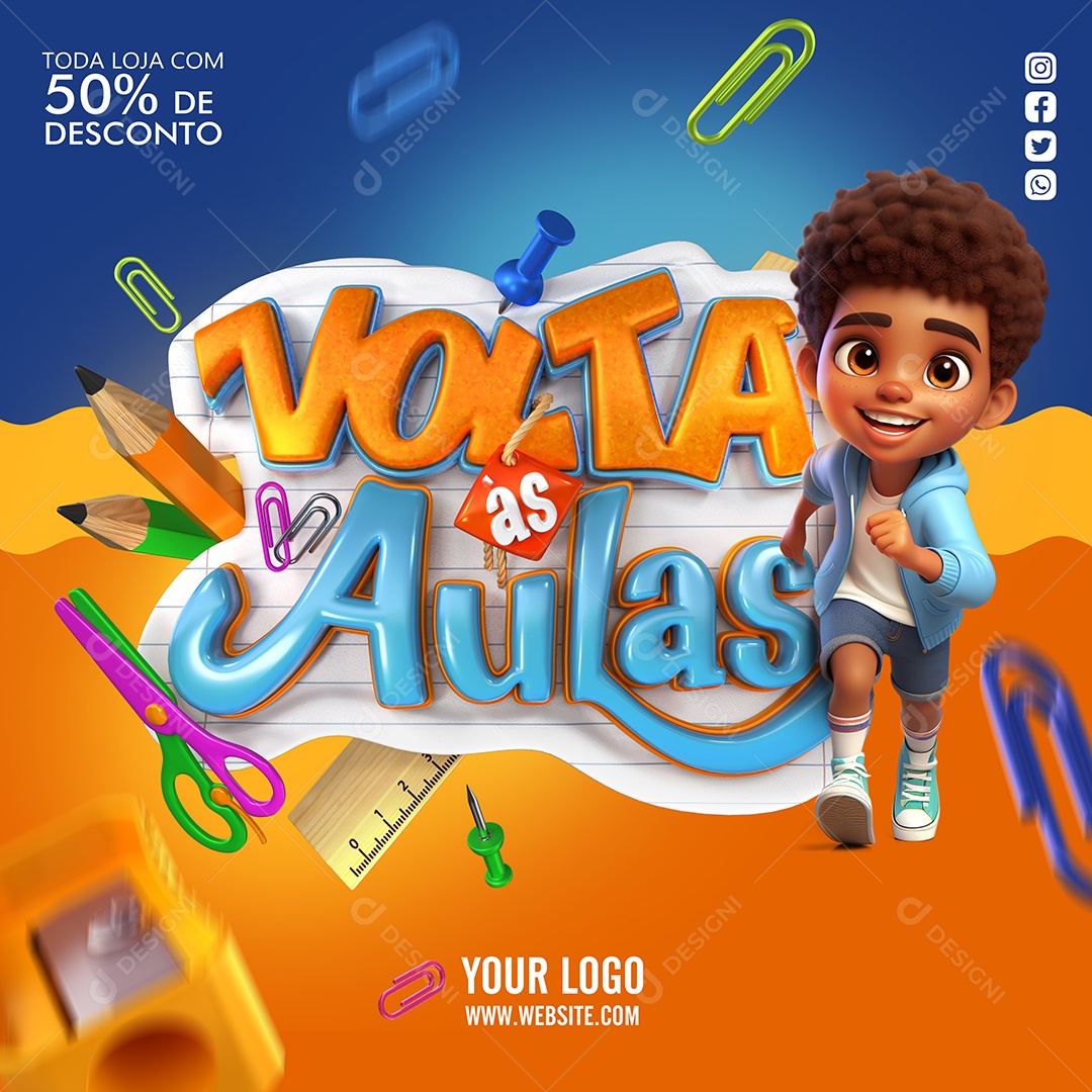 Social Media Back to School Stationery All Store with 50% Off Editable PSD