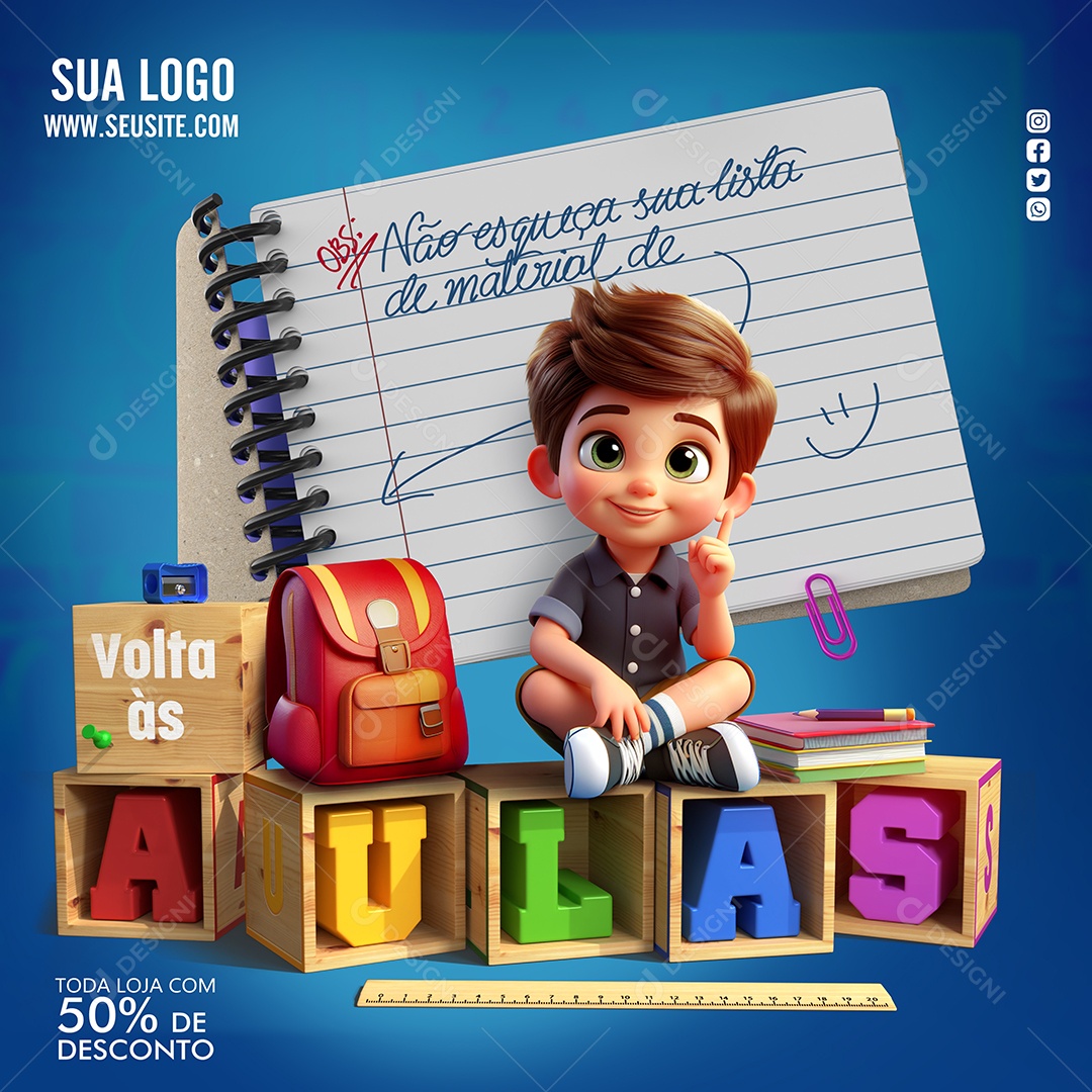 Volta às Aulas Papelaria Toda Loja com 50% De Desconto lista de material Social Media PSD Editável