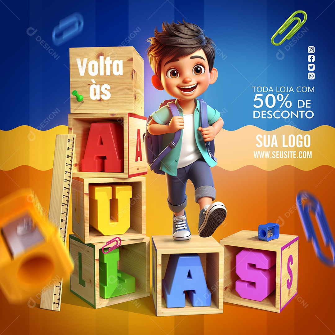 Volta às Aulas Papelaria Toda Loja com 50% De Desconto Social Media PSD Editável