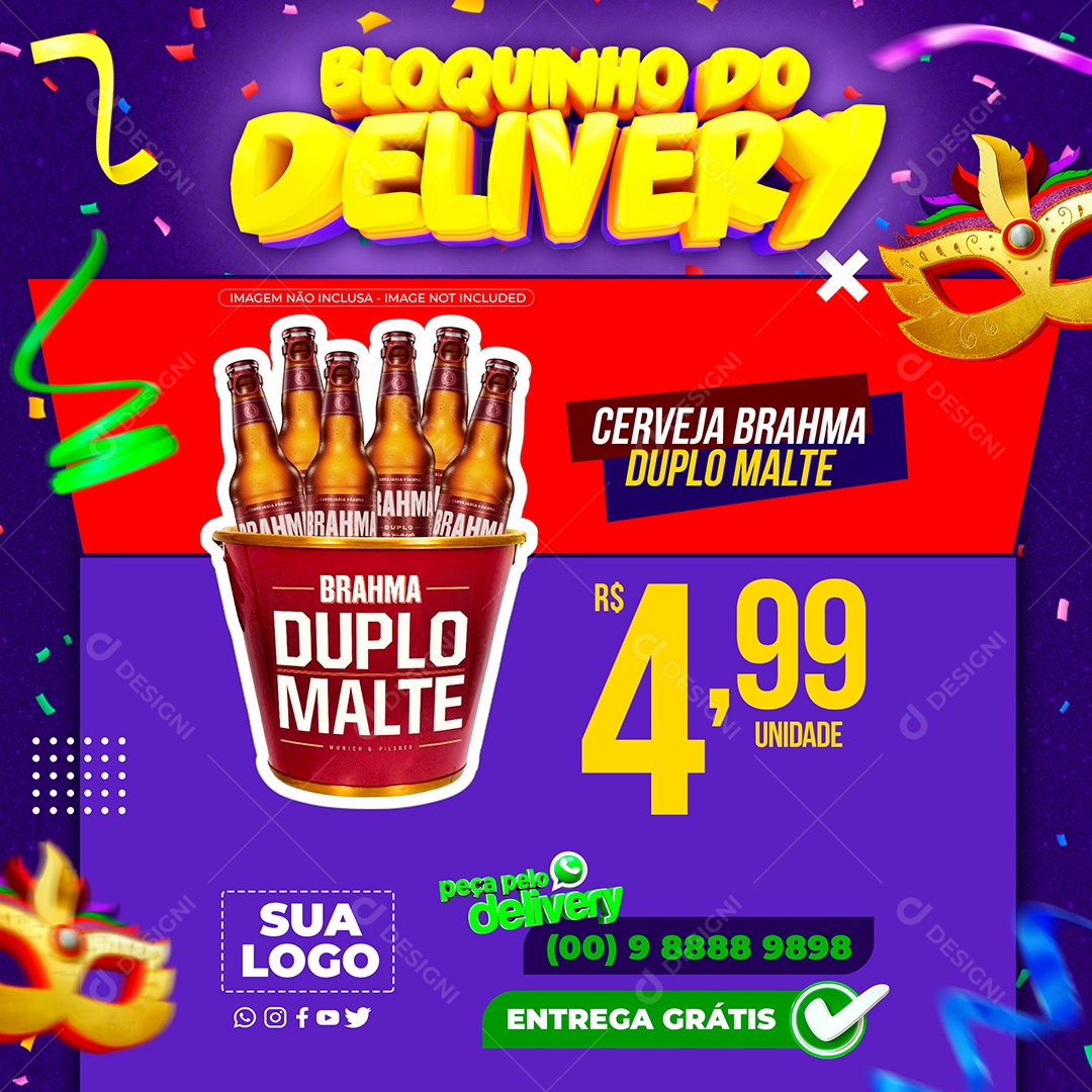 Carnaval Supermercado Bloquinho Do Delivery Cerveja Brahma Social Media PSD Editável