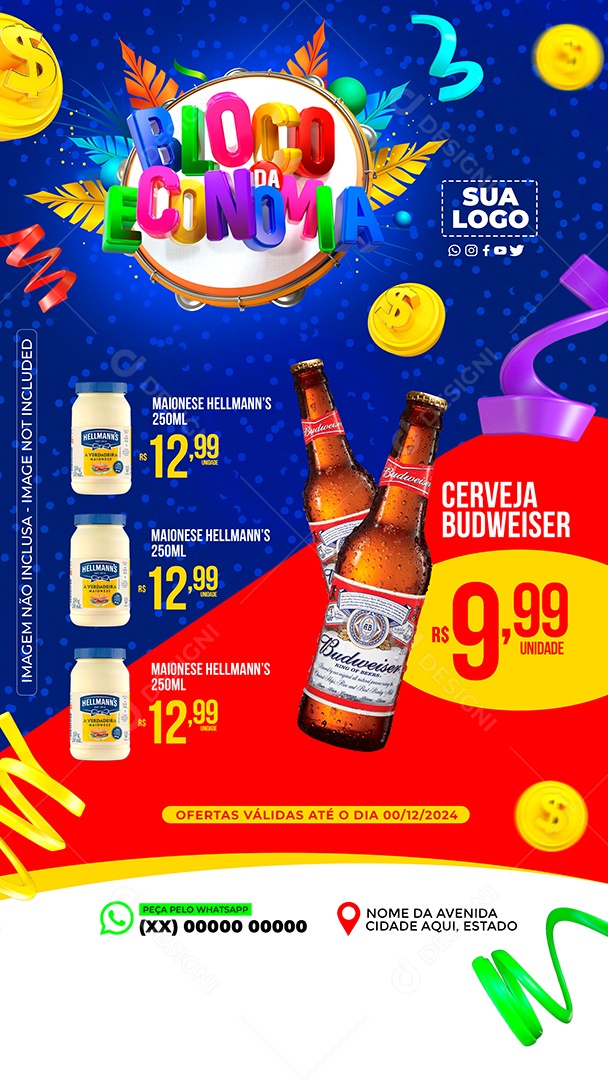 Story Carnaval Supermercado Bloco Da Economia Maionese Cerveja Budweiser Social Media PSD Ediitável
