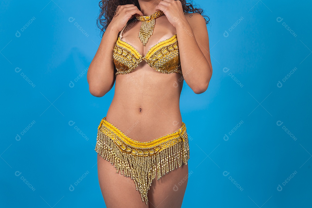 Pessoa fantasiada com roupa de carnaval.