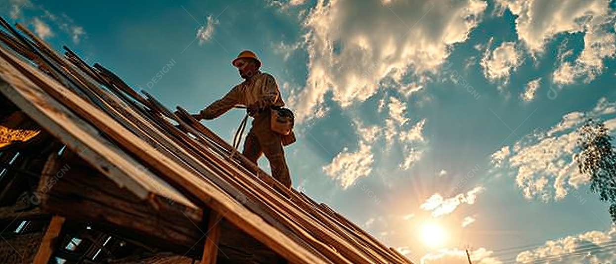 Carpinteiro construindo uma casa, consertando-a no telhado, IA generativa.