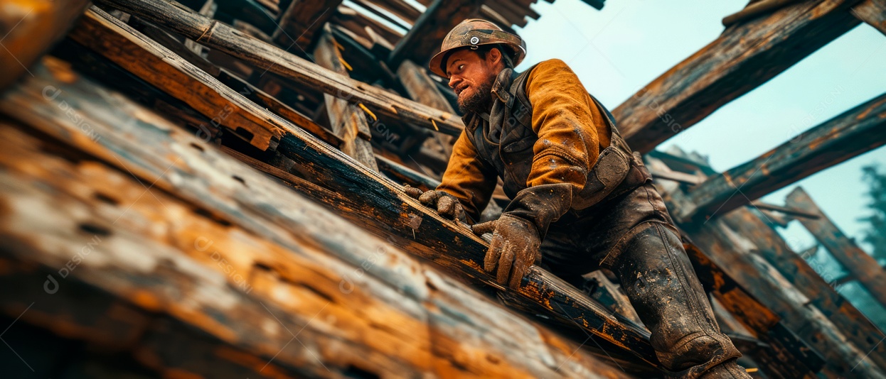 Carpinteiro construindo uma casa, consertando-a no telhado, IA generativa.