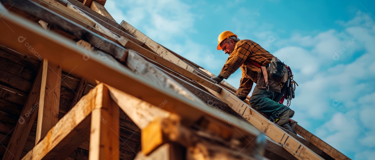 Carpinteiro construindo uma casa, consertando-a no telhado, IA generativa.