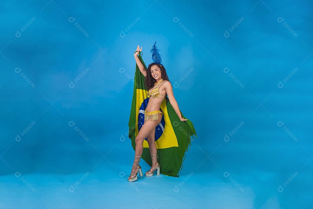 Linda passista fantasiada para o carnaval segurando bandeira do brasil.