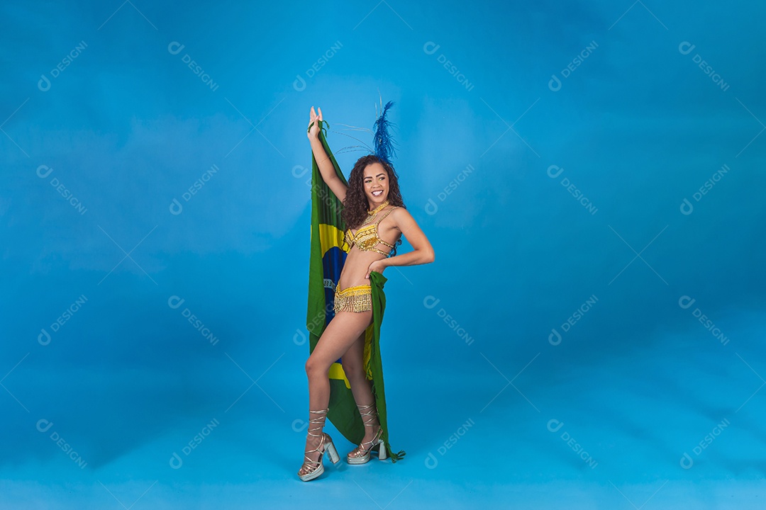 Linda passista fantasiada para o carnaval segurando bandeira do Brasil.