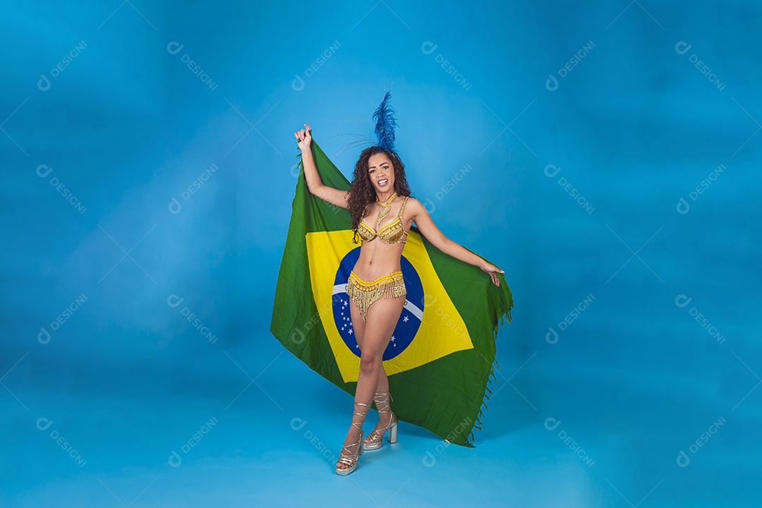 Linda passista fantasiada para o carnaval segurando bandeira do brasil.
