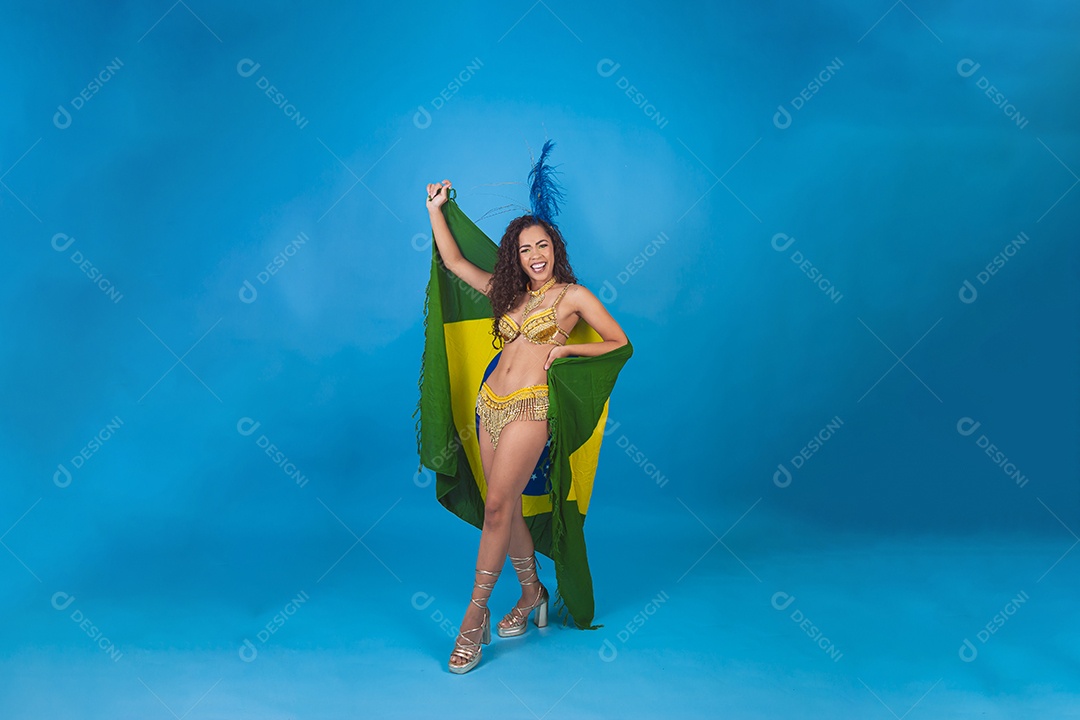 Linda passista fantasiada para o carnaval segurando bandeira do Brasil.