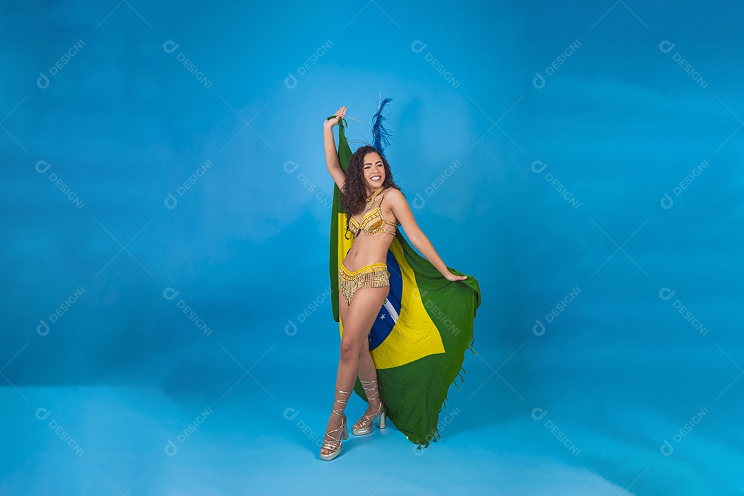 Linda passista fantasiada para o carnaval segurando bandeira do Brasil.