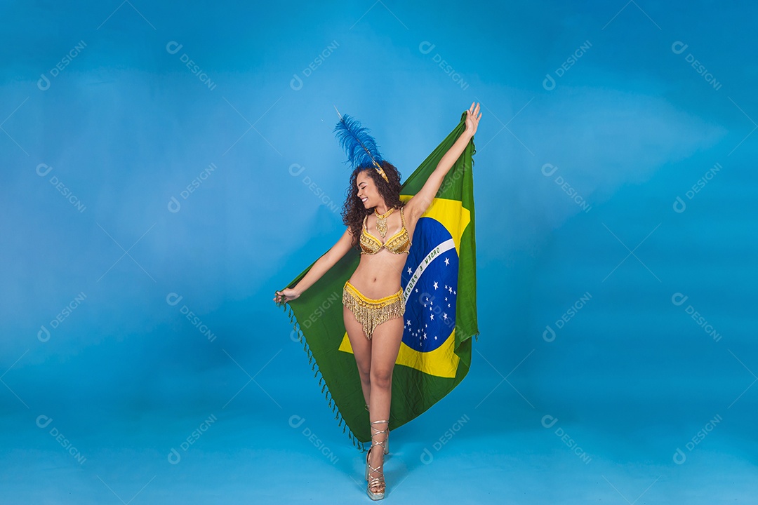 Linda passista fantasiada para o carnaval segurando bandeira do Brasil.