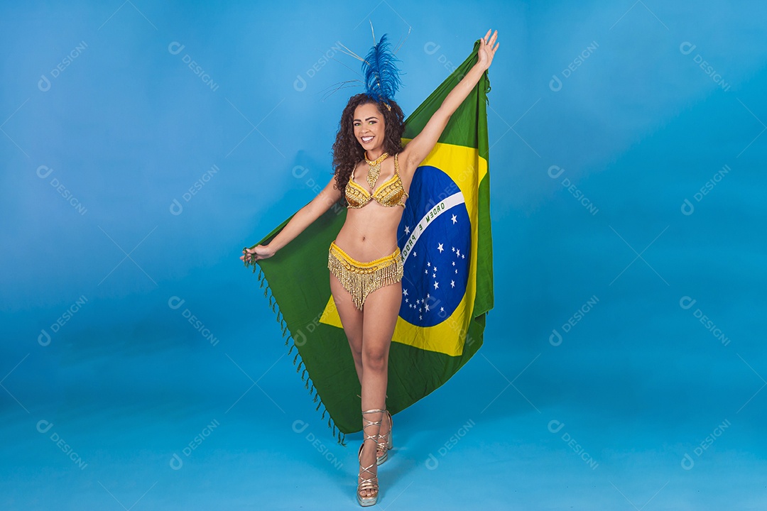 Linda passista fantasiada para o carnaval segurando bandeira do Brasil.