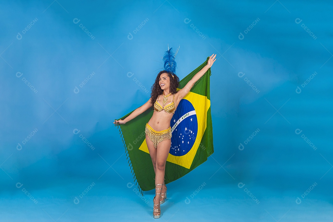Linda passista fantasiada para o carnaval segurando bandeira do Brasil.