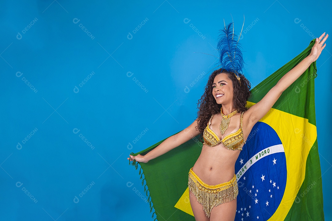 Linda passista fantasiada para o carnaval segurando bandeira do Brasil.