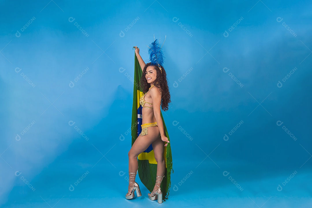 Linda passista fantasiada para o carnaval segurando bandeira do Brasil.