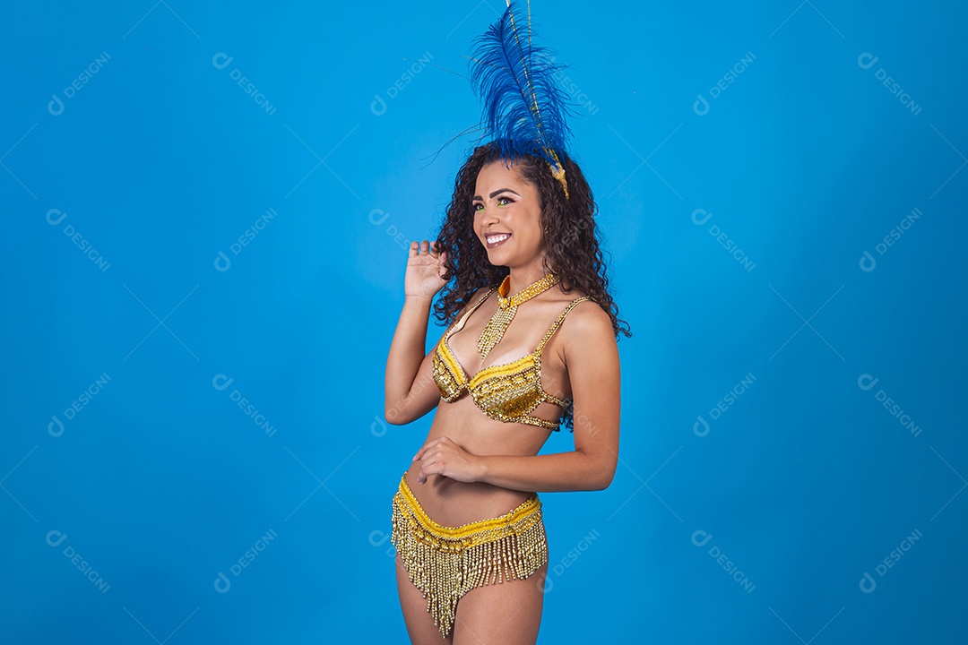 Linda passista fantasiada para o carnaval segurando bandeira do Brasil.