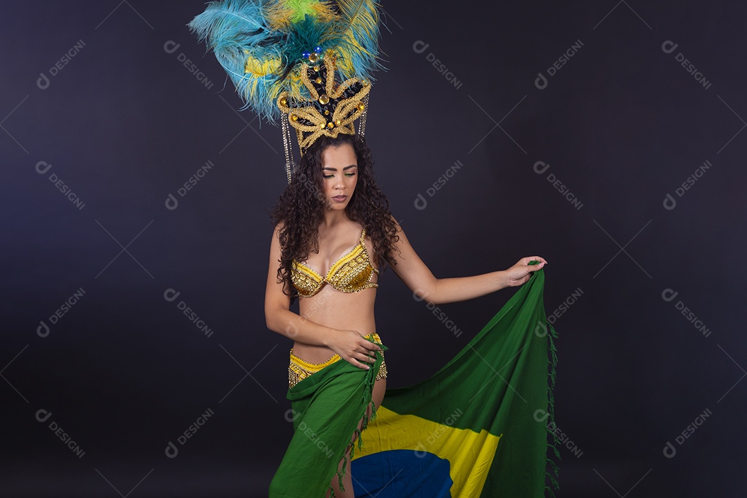 Linda passista fantasiada para o carnaval segurando bandeira do Brasil.