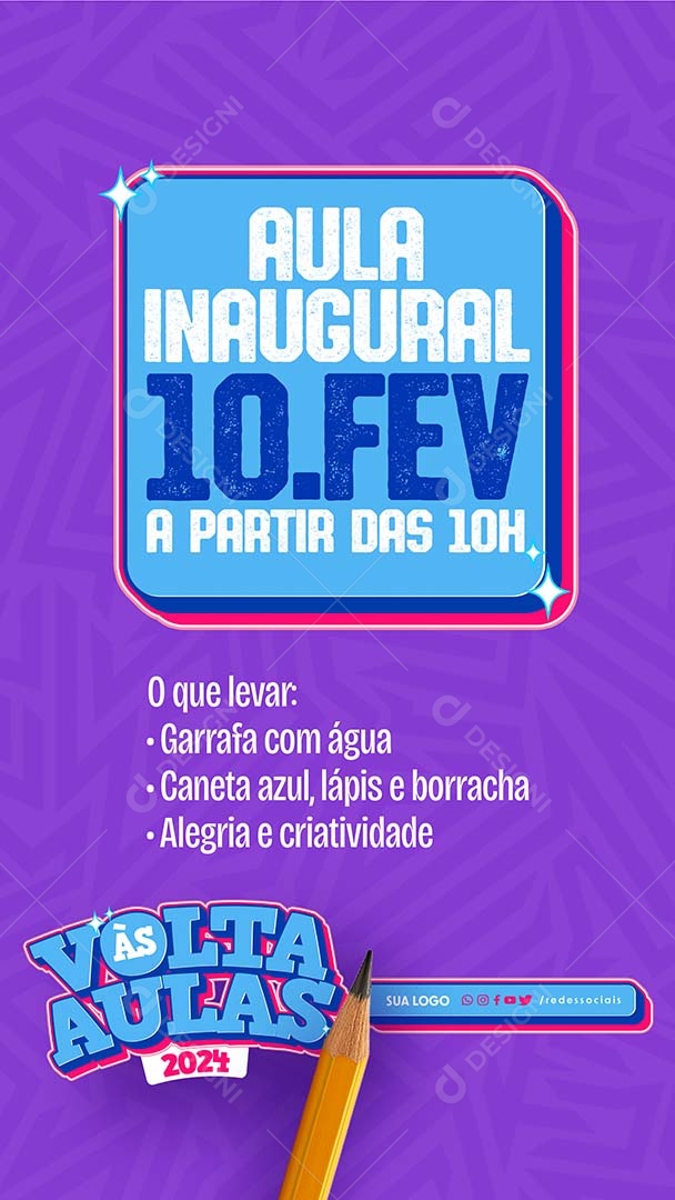 Story Volta às Aulas o que Levar Garrafa com Água Caneta Azul Lápis e Borracha Social Media PSD Editável