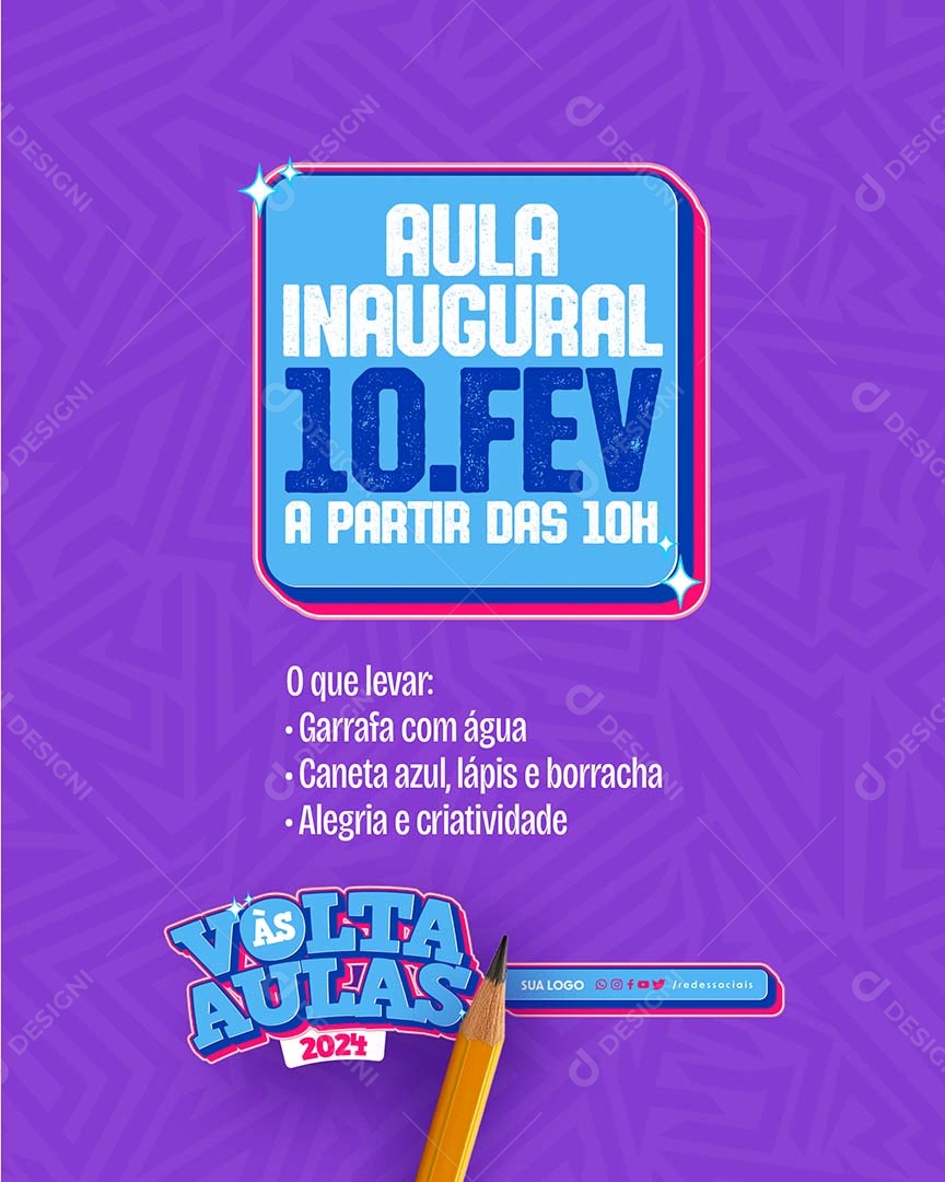 Volta às Aulas o que Levar Garrafa com Água Caneta Azul Lápis e Borracha Social Media PSD Editável