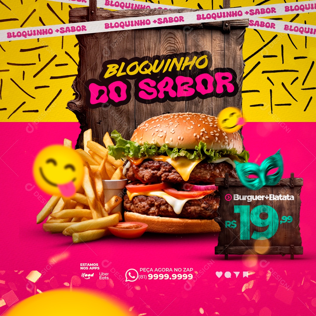 Feed Bloquinho Do Sabor Burguer Mais Batata Social Media PSD Editável