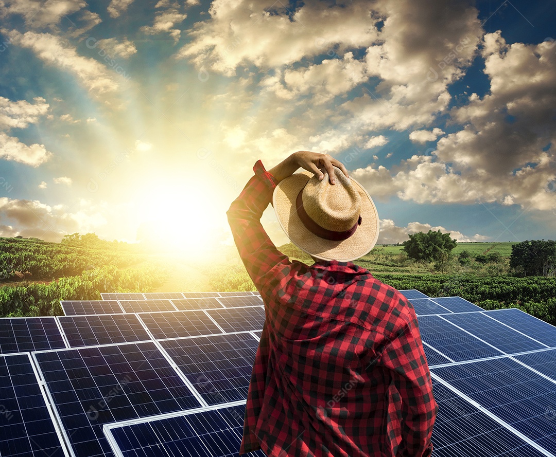 Fazendeiro sobre usina fotovoltaica de energia solar
