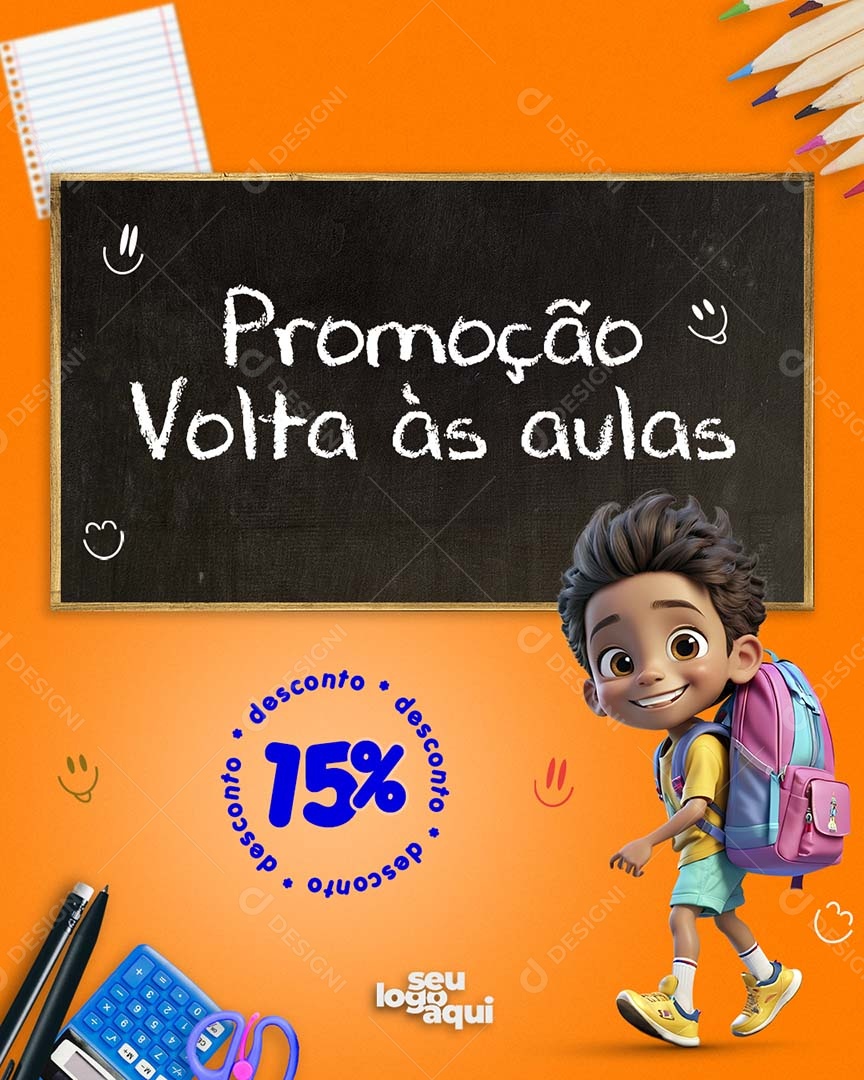 Promoção Volta às Aulas 15% de Desconto Social Media PSD Editável