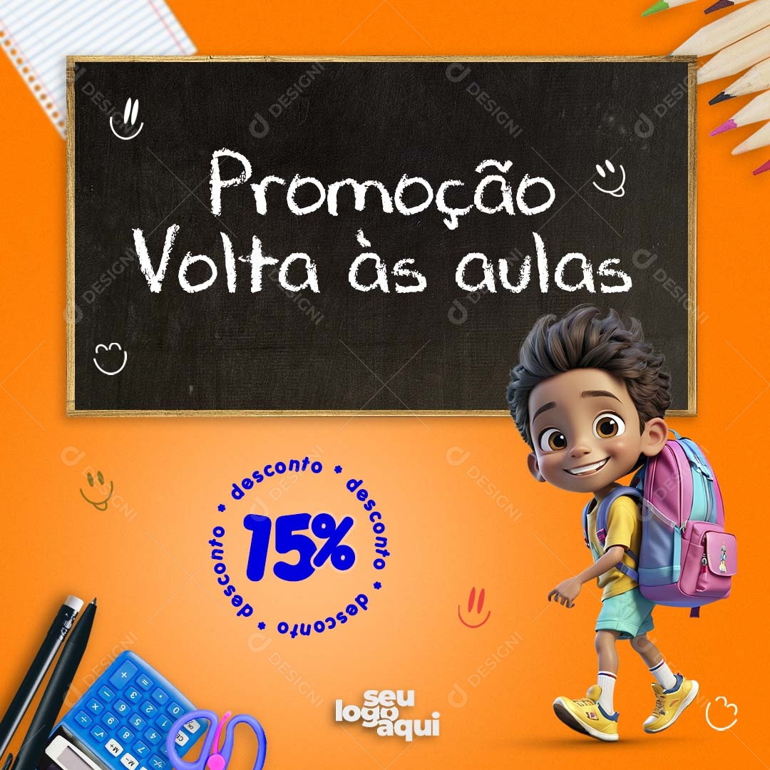 Feed Promoção Volta às Aulas 15% de Desconto Social Media PSD Editável