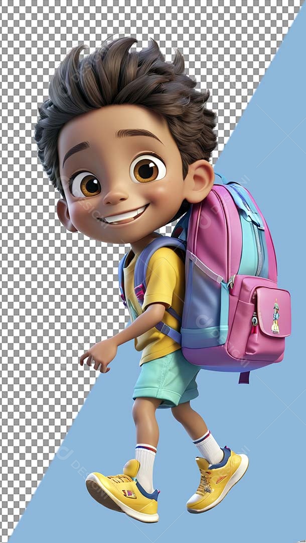 Garoto com Mochila nas Costas Elemento 3D Roxo Azul Amarelo para Composição PSD