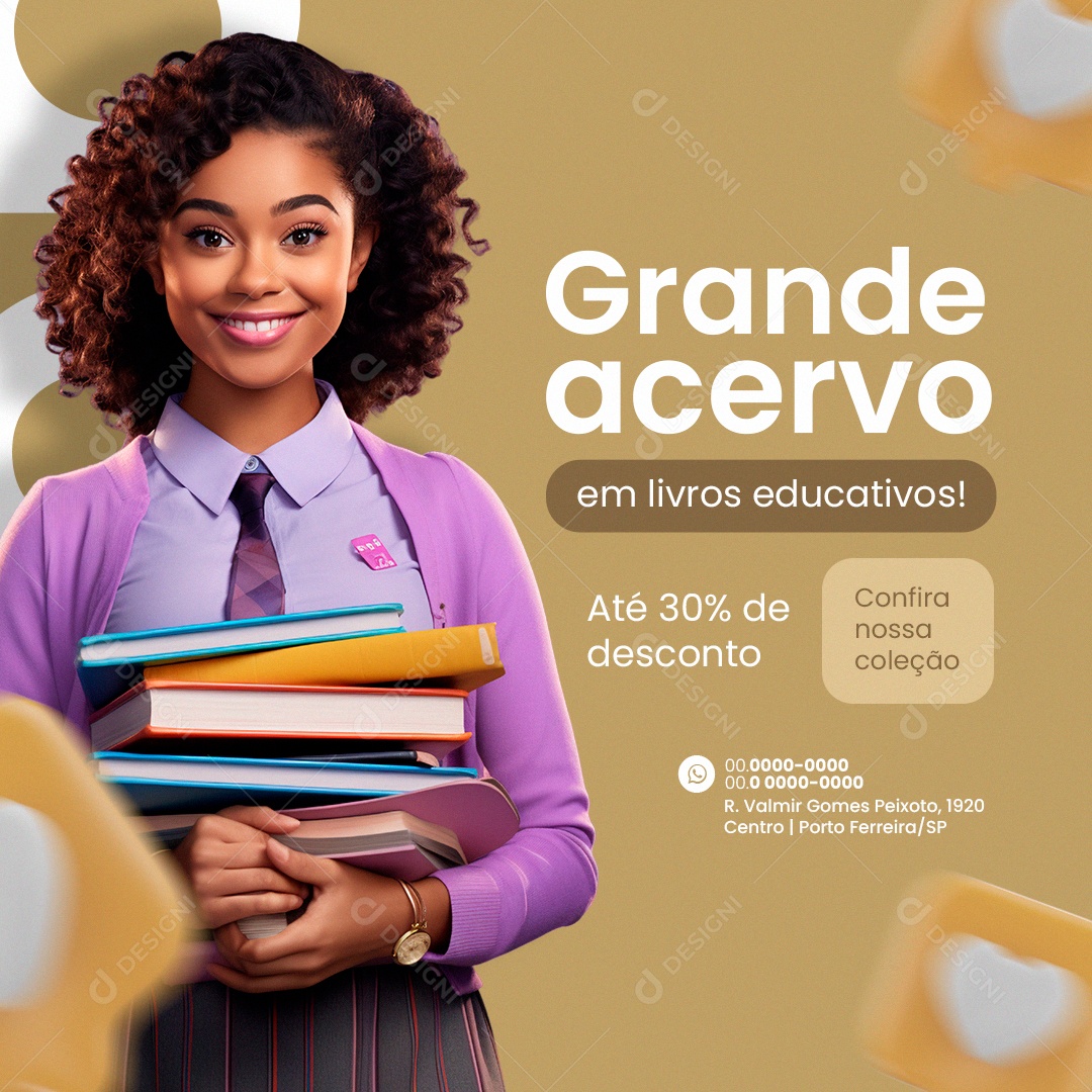Livraria Grande acervo em livros educativos Até 30% de desconto Social Media PSD Editável