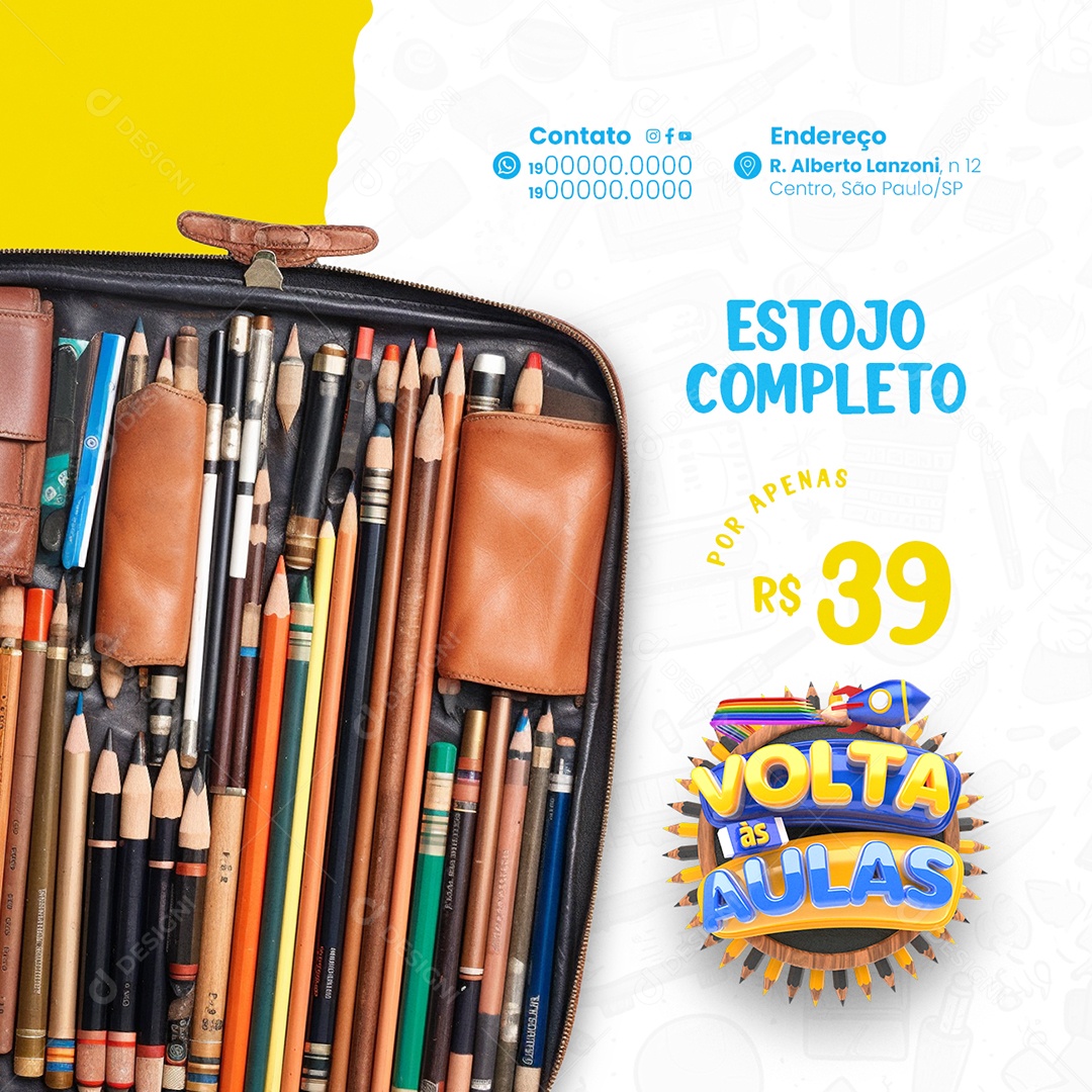 Papelaria Volta às Aulas Estojo Completo Social Media PSD Editável