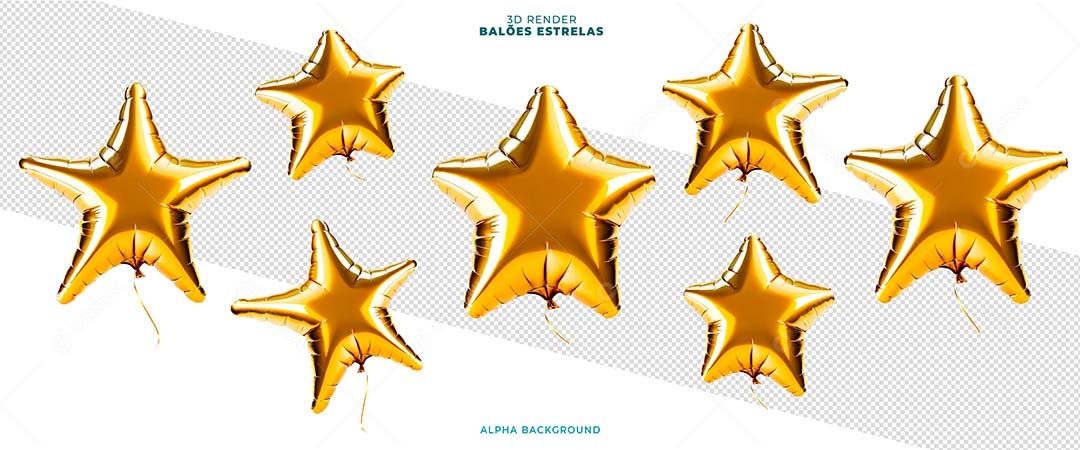 Balão Formato de Estrela Elemento 3D Dourado para Composição PSD