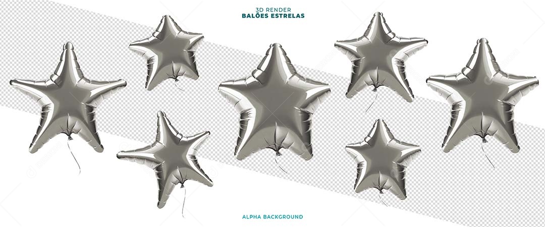Balão Formato de Estrela Elemento 3D Prata para Composição PSD