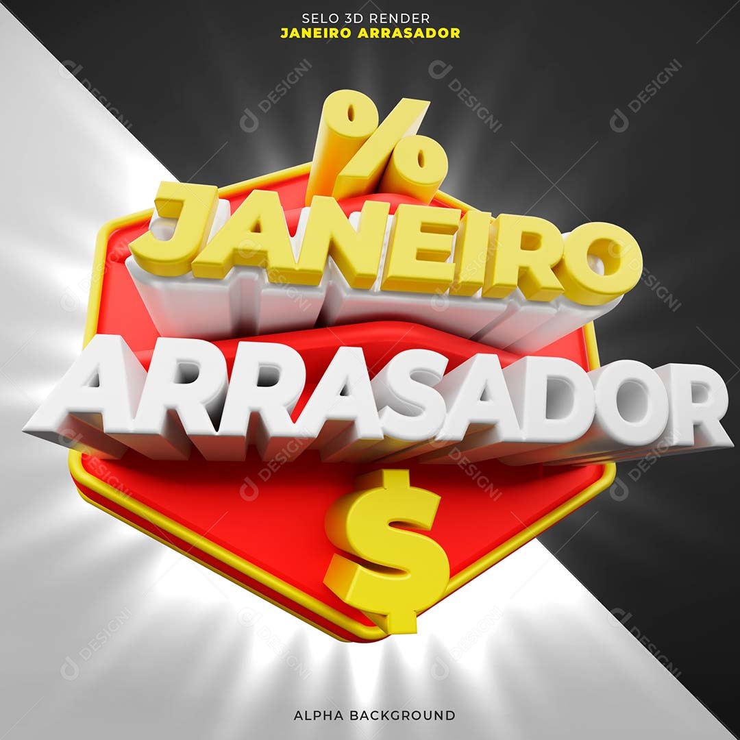 Janeiro Arrasador Selo 3D Amarelo Branco Vermelho para Composição PSD