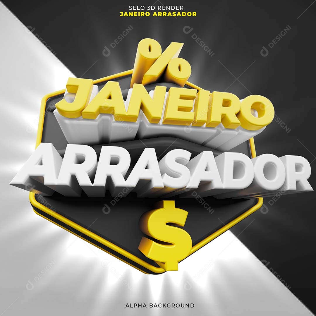 Janeiro Arrasador Selo 3D Amarelo Branco para Composição PSD