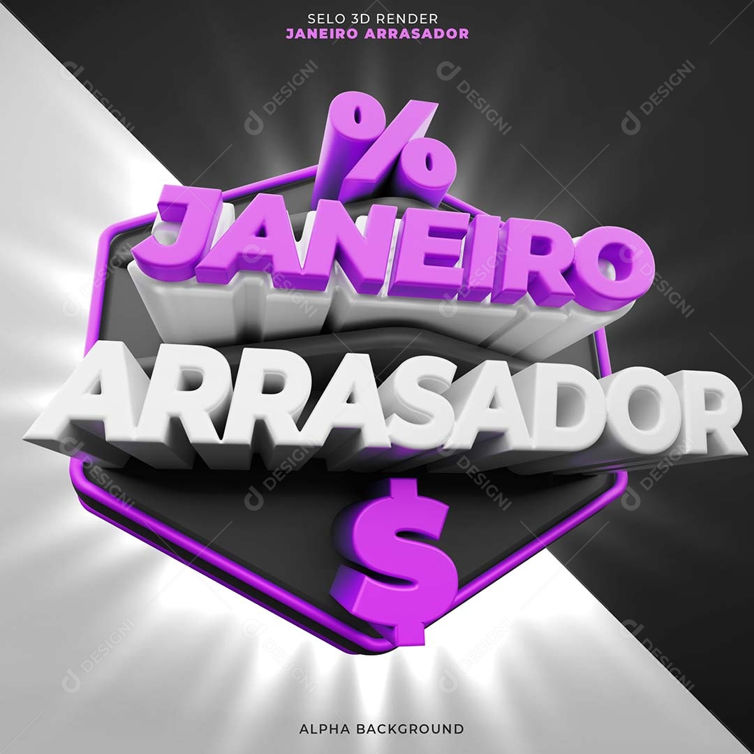 Janeiro Arrasador Selo 3D Roxo Branco para Composição PSD
