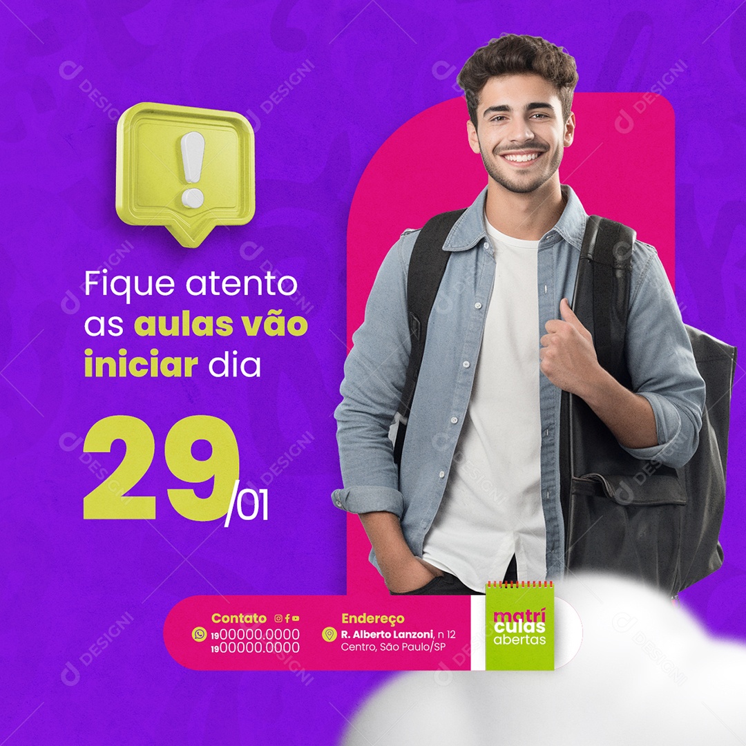 Volta às Aulas Fique atento as aulas vão iniciar dia 29 Social Media PSD Editável