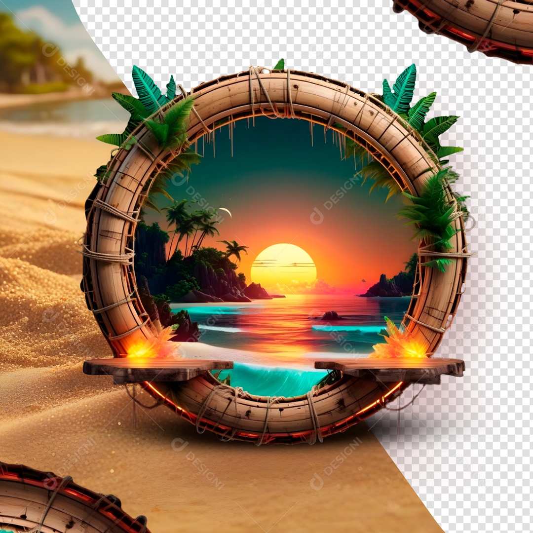 Elemento 3D Placa Redondo Com Flores Verão Para Composição PSD