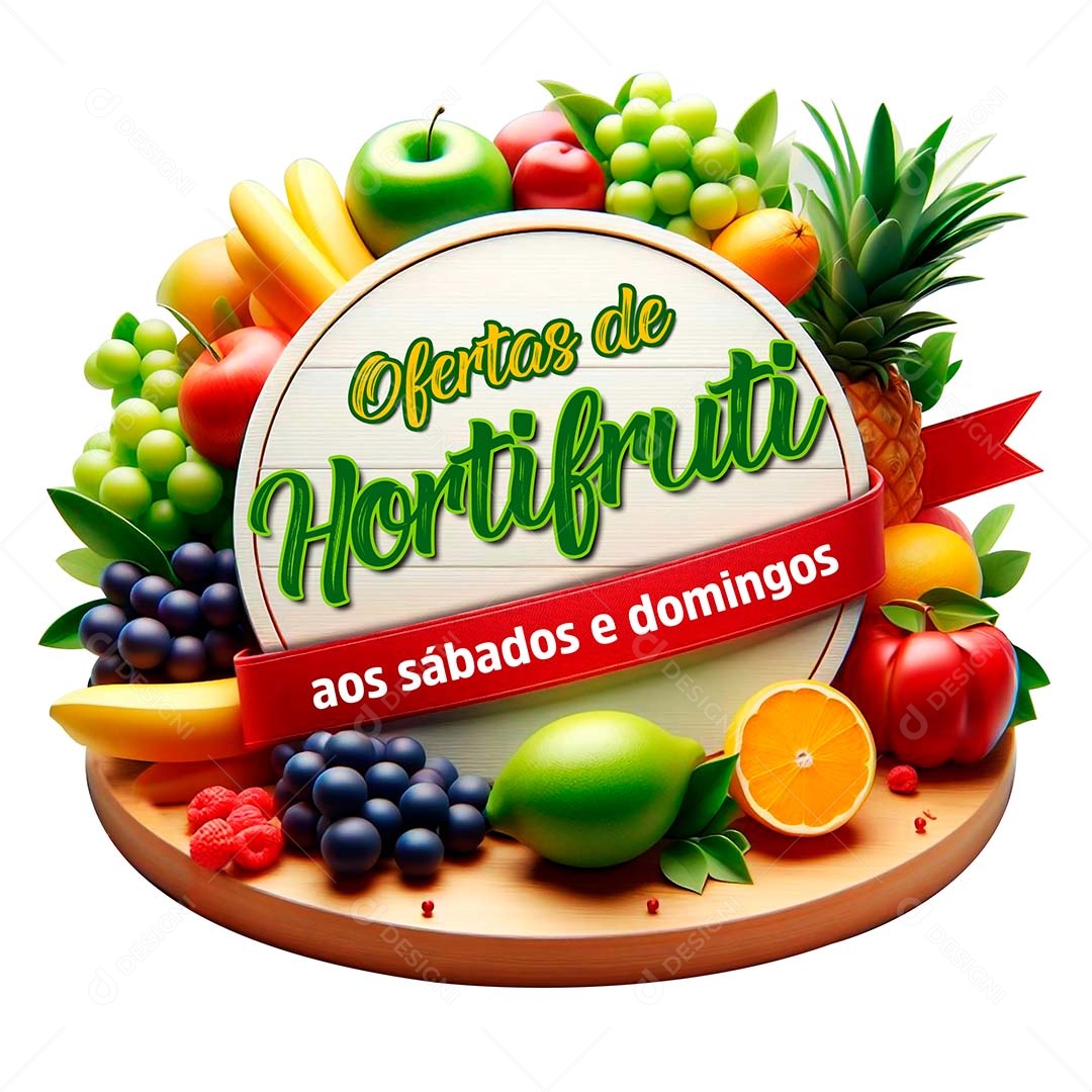 Ofertas de Hortifruti Selo 3D Verde Branco Vermelho para Composição PSD