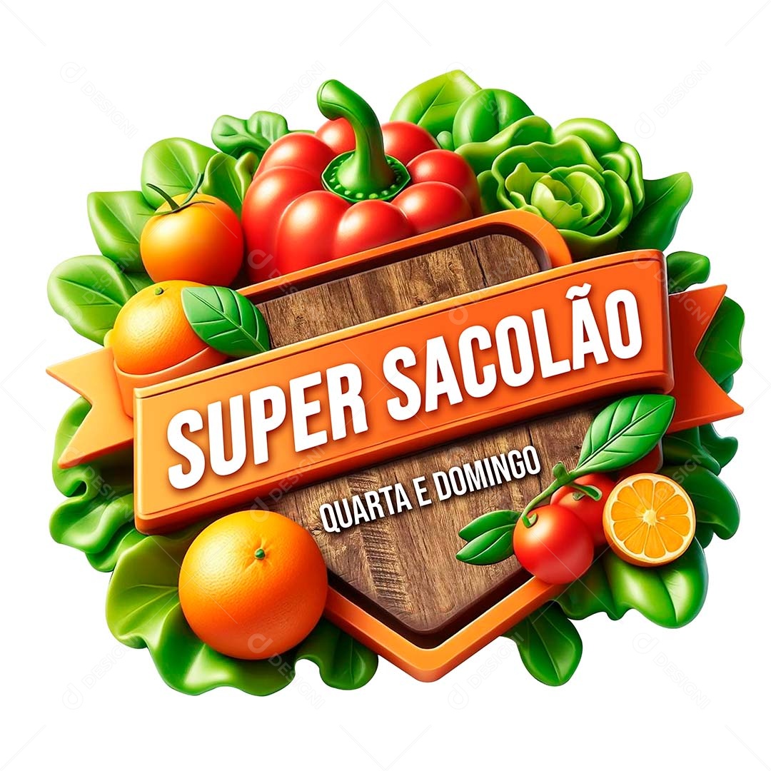 Super Sacolão Selo 3D Verde Vermelho Laranja para Composição PSD