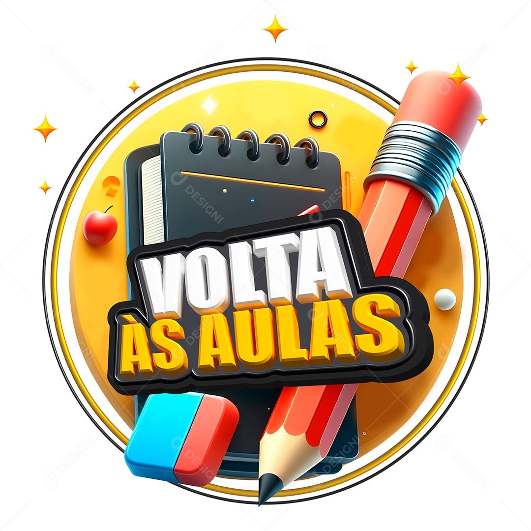 Volta às Aulas Selo 3D Amarelo Branco Vermelho para Composição PSD