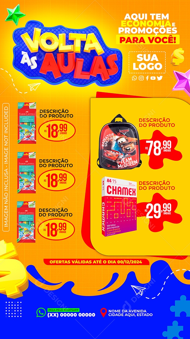 Story Papelaria Volta às Aulas Aqui Tem Economia e Promoções para Você Social Media PSD Editável