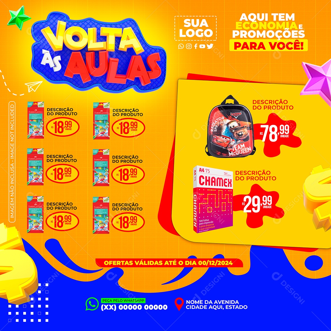 Papelaria Volta às Aulas Aqui Tem Economia e Promoções para Você Social Media PSD Editável