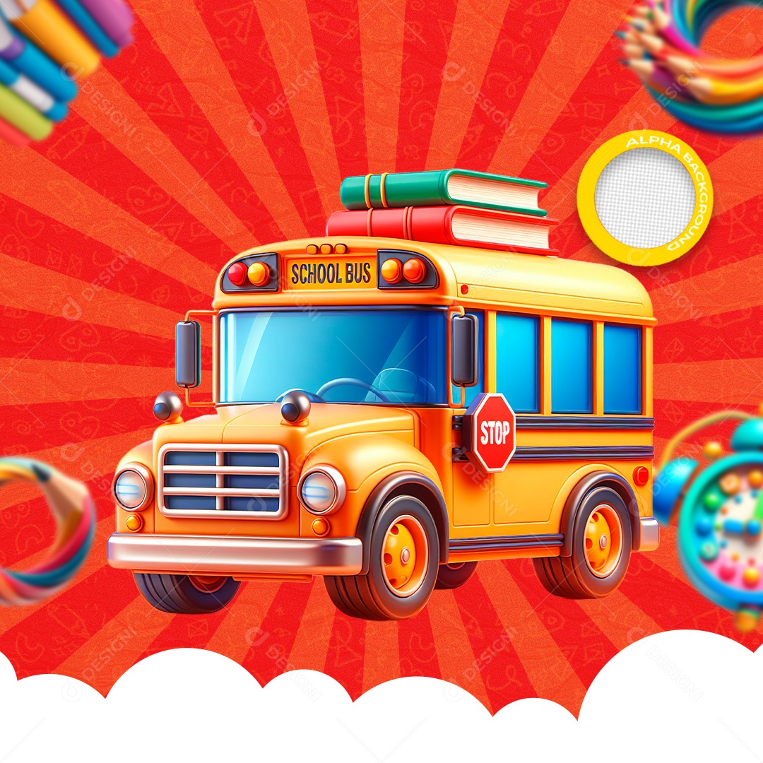 Ônibus Escolar e Livros Elemento 3D Laranja Vermelho Azul para Composição PSD