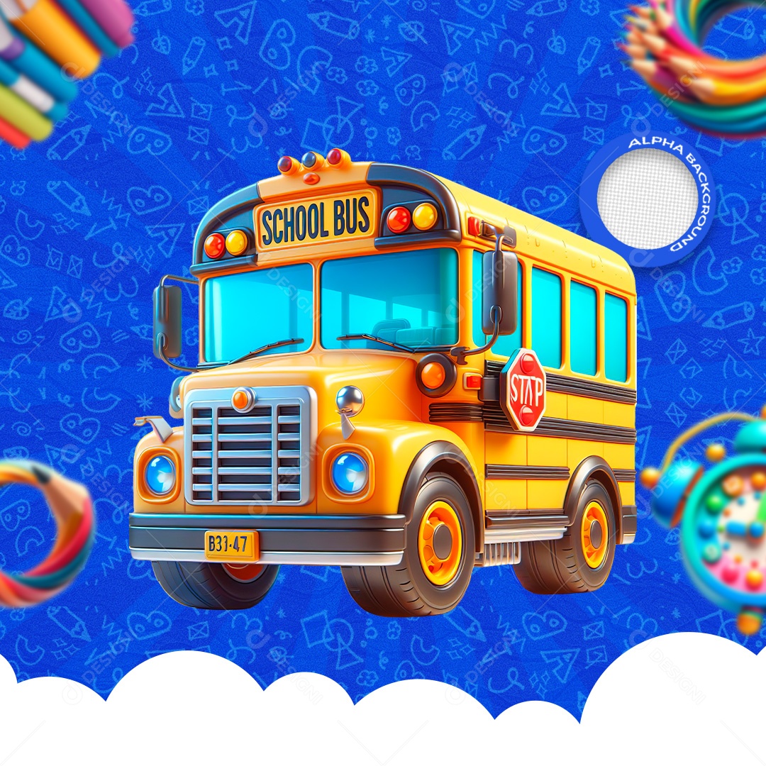 Ônibus Escolar Elemento 3D Amarelo Preto para Composição PSD