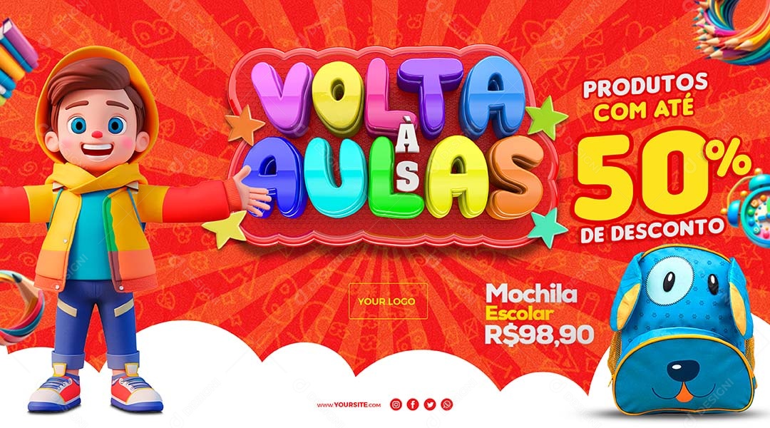 Volta às Aulas Produto com Até 50% de Desconto Social Media PSD Editável