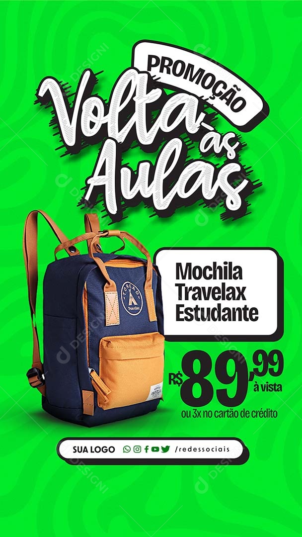 Story Volta às Aulas Mochila Travelax Estudante 89,99 a Vista Social Media PSD Editável
